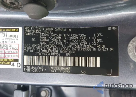 2004 Toyota Highlander V6 from USA, damaged, VIN JTEDP21A040019455